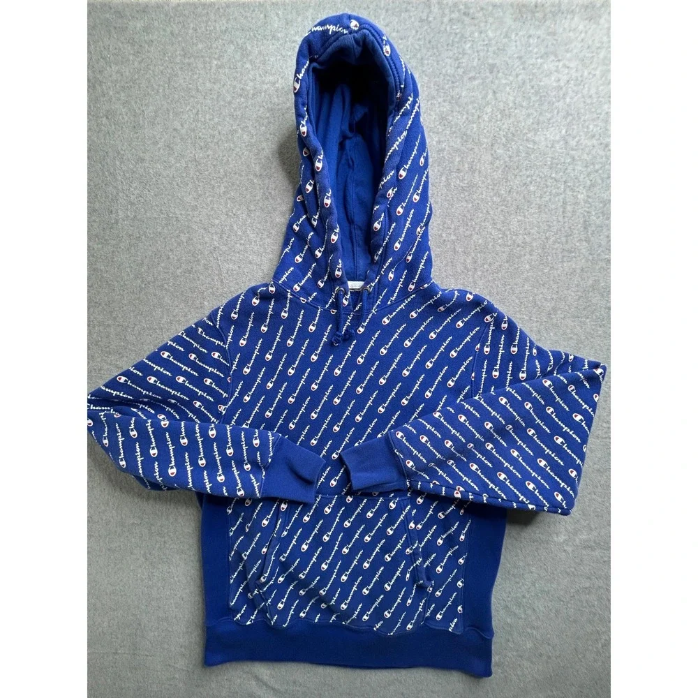 Champion Reverse Weave Hoodie Royal Blue All Over Script Logo Print Mens Large